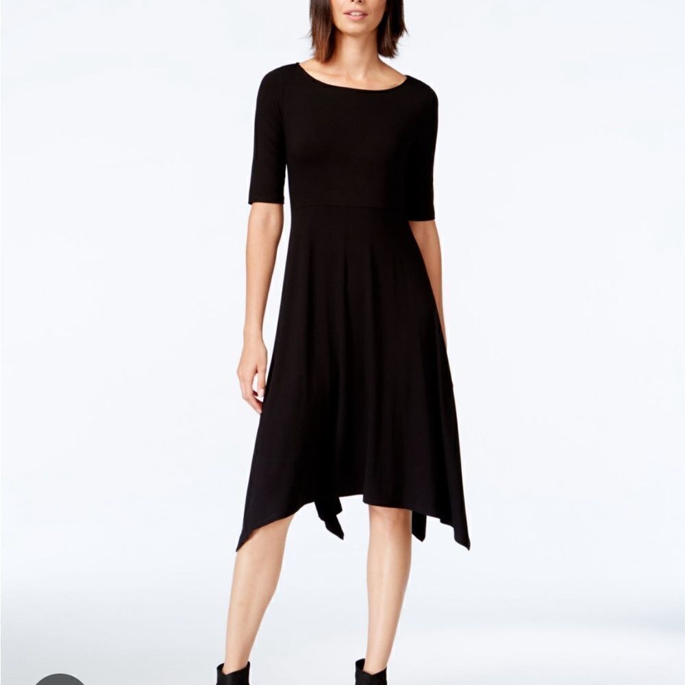 Eileen fisher viscose jersey handkerchief half sleeve scoop neck black dress M